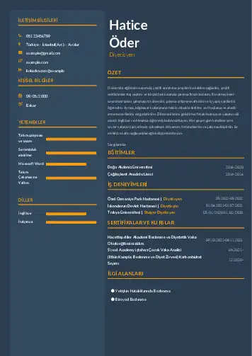 Beslenme Uzmanı Diyetisyen CV Örnekleri cv indir